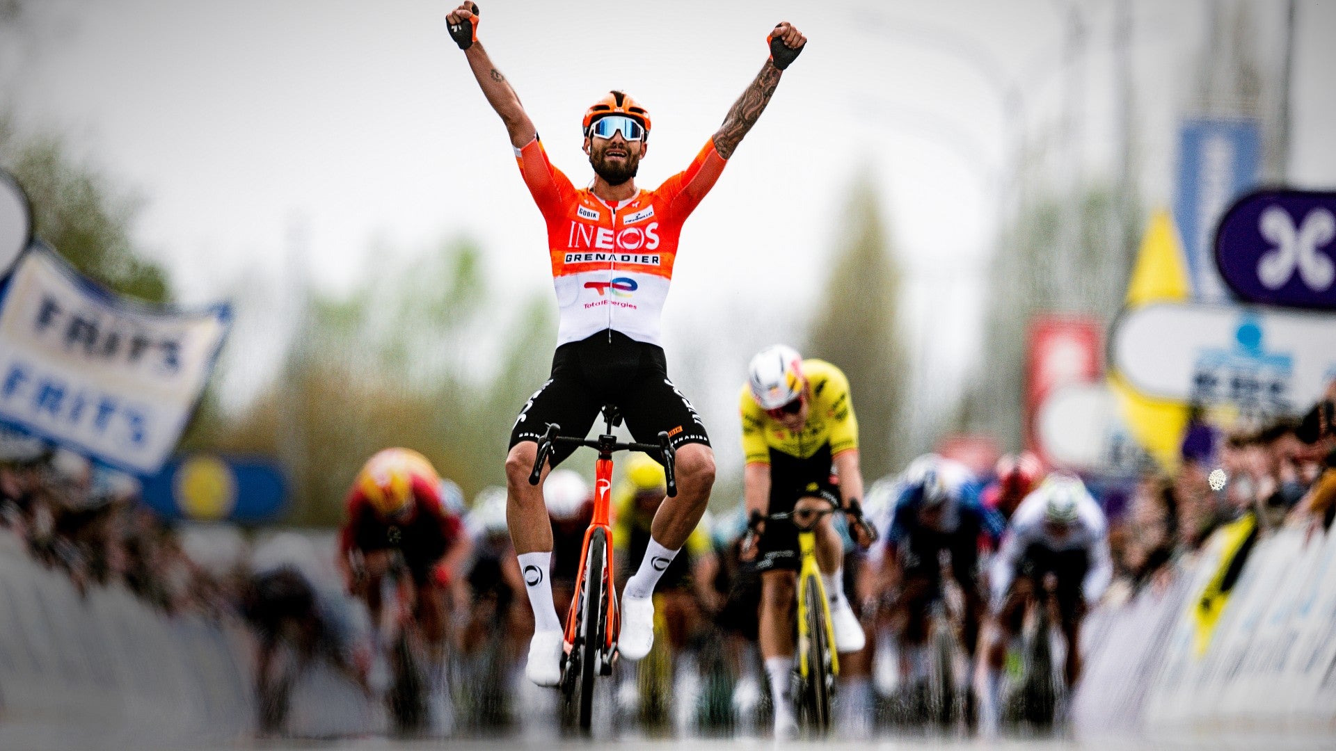 Ineos Grenadiers team racer Filippo Ganna winning Dwars door Vlaanderen with K-Edge cycling computer mount