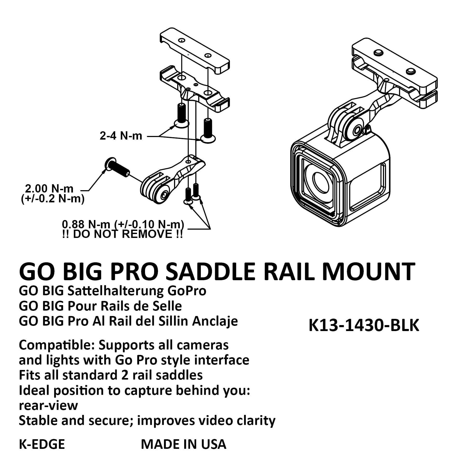 K-EDGE Go BIG Pro Saddle Rail Camera Mount GoPro Garmin Shimano BLK 